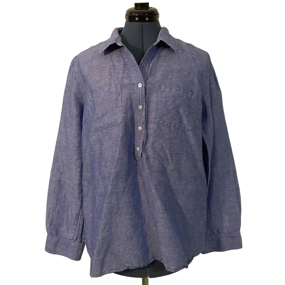Talbots Blue Linen 1/4 Button Up Longsleeve Tunic Preppy Coastal Vacation M‎